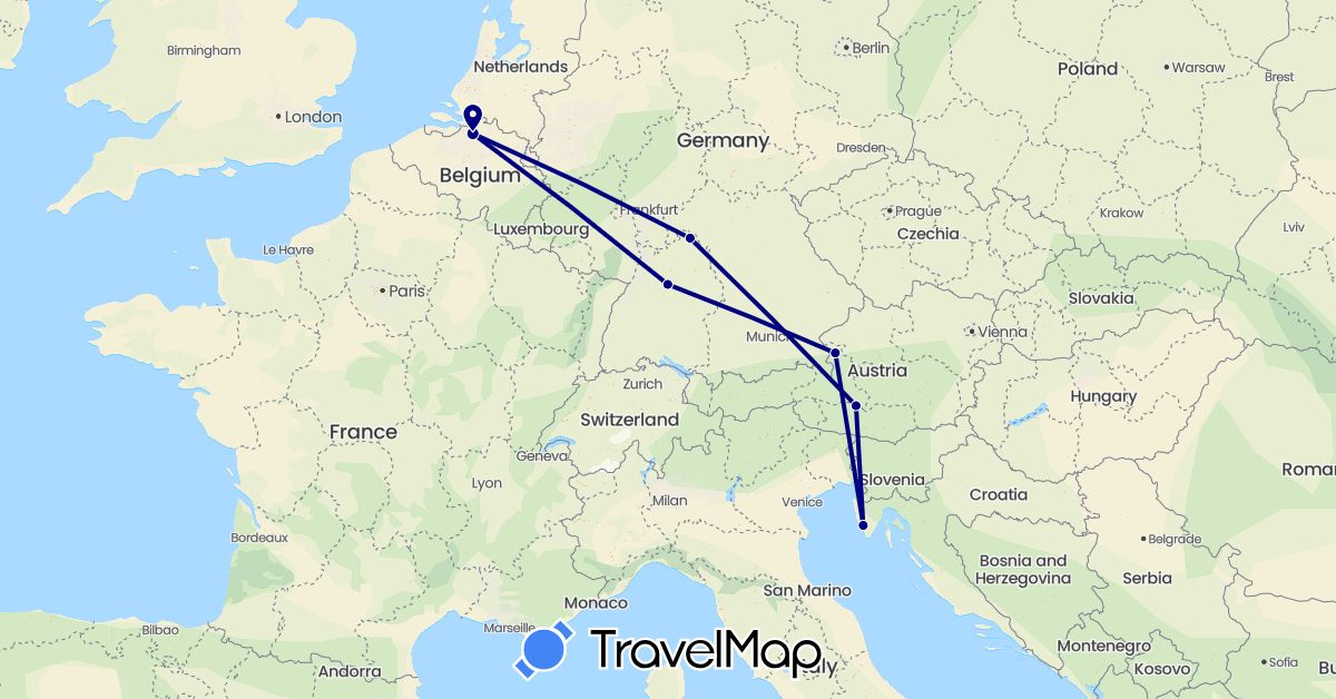 TravelMap itinerary: driving in Austria, Belgium, Germany, Croatia (Europe)